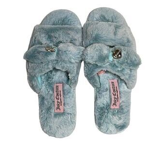 Juicy Couture Blue Fluffy Heart Charm Slippers, size women’s 11, excellent cond.